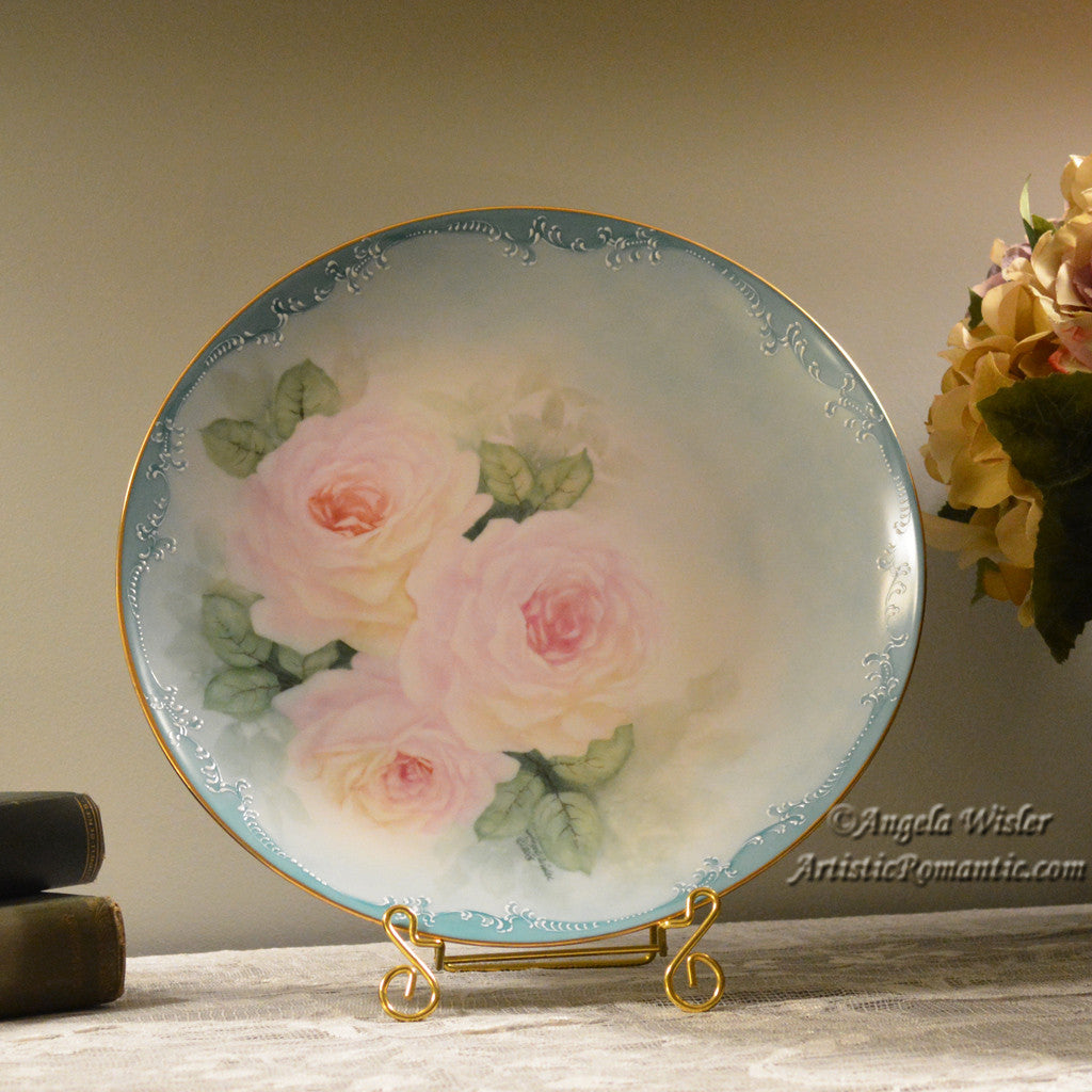 China Cabinet Plate Hand Painted Pink Roses Aqua Victorian Scroll Work Fired Porcelain - Artistic Romantic
 - 4