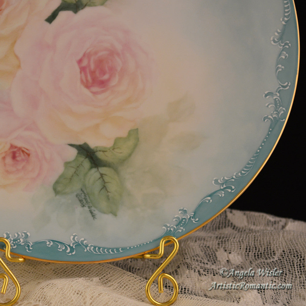 China Cabinet Plate Hand Painted Pink Roses Aqua Victorian Scroll Work Fired Porcelain - Artistic Romantic
 - 2