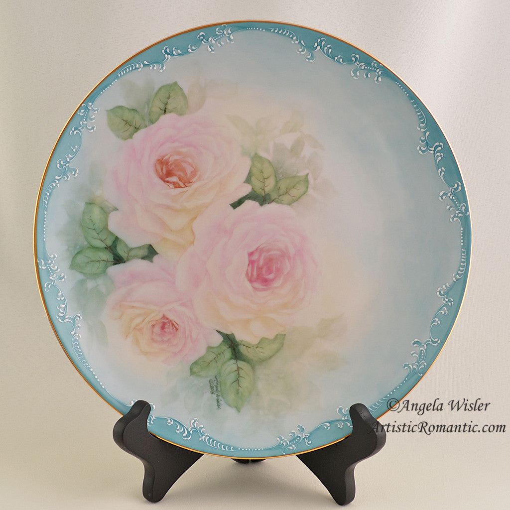 China Cabinet Plate Hand Painted Pink Roses Aqua Victorian