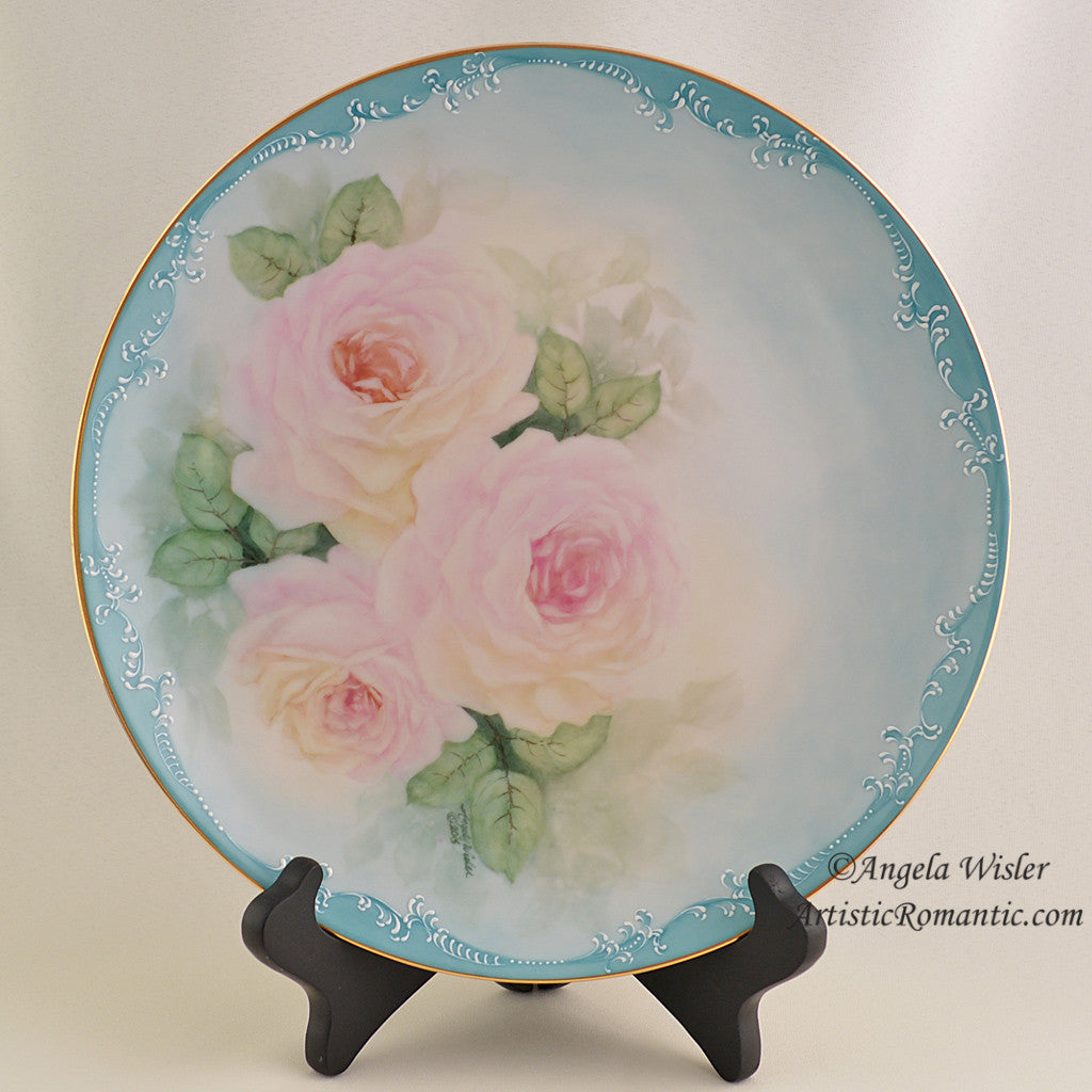 China Cabinet Plate Hand Painted Pink Roses Aqua Victorian Scroll Work Fired Porcelain - Artistic Romantic
 - 1