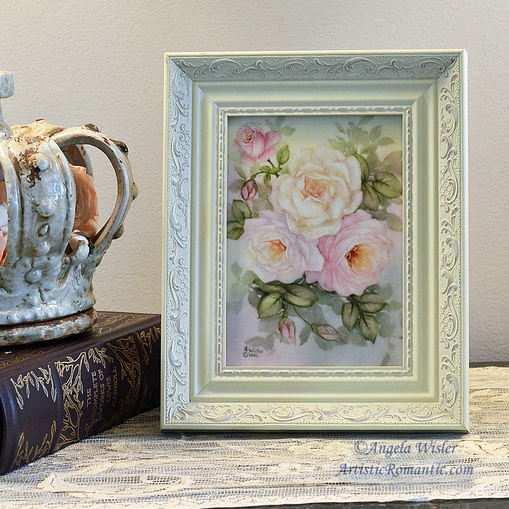 Lavender Pink White Roses Original Painting Porcelain Canvas Framed