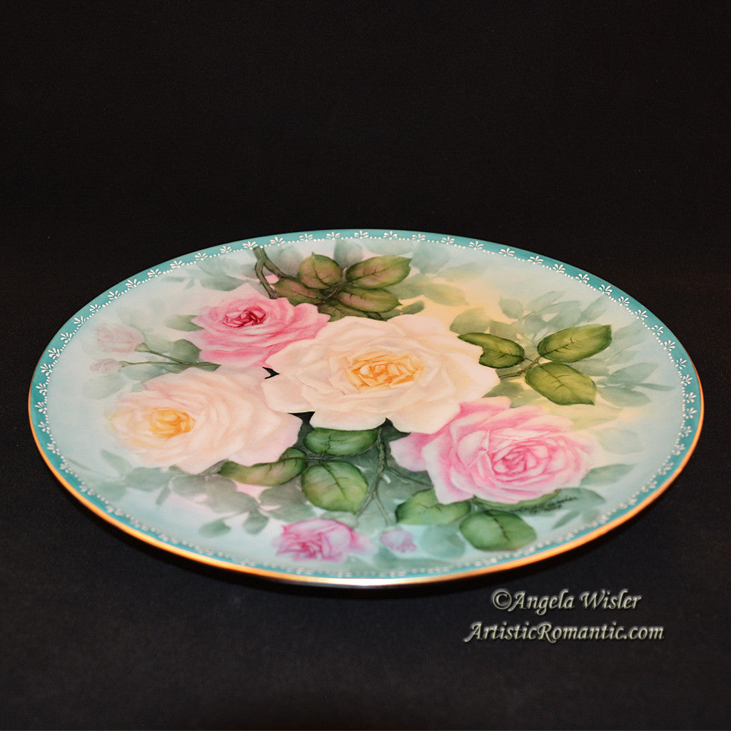 Pink &amp; White Roses Hand Painted China Cabinet Plate Signed - Artistic Romantic
 - 3