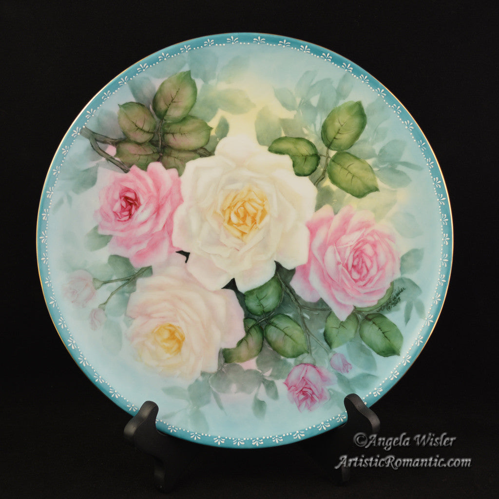 Pink &amp; White Roses Hand Painted China Cabinet Plate Signed - Artistic Romantic
 - 2