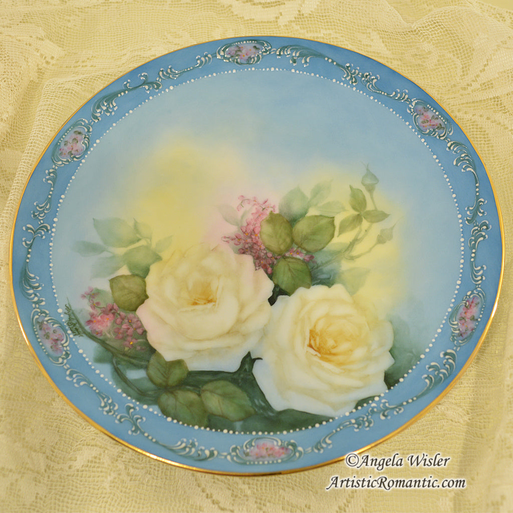 Exquisitely Detailed Hand Painted China White Roses Scrolls Cabinet Plate