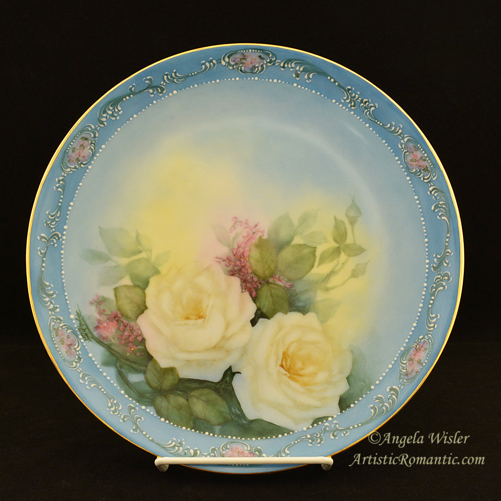 Exquisitely Detailed Hand Painted China White Roses Scrolls Cabinet Plate